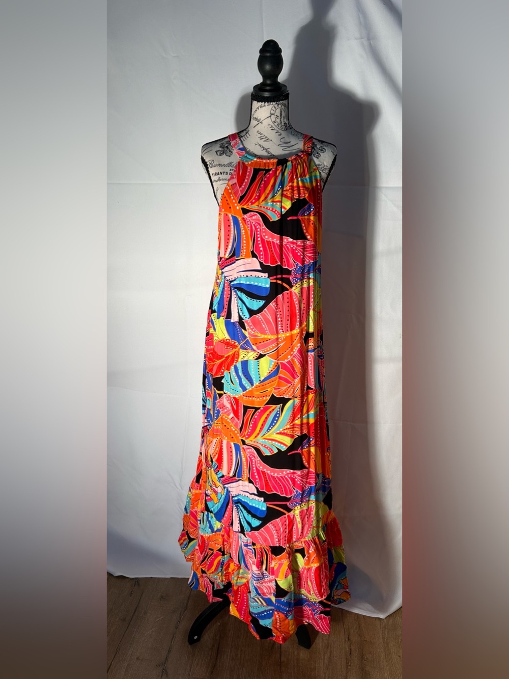1. State Multicolor Tropical Print Maxi Dress - Black Base with Bright Accents